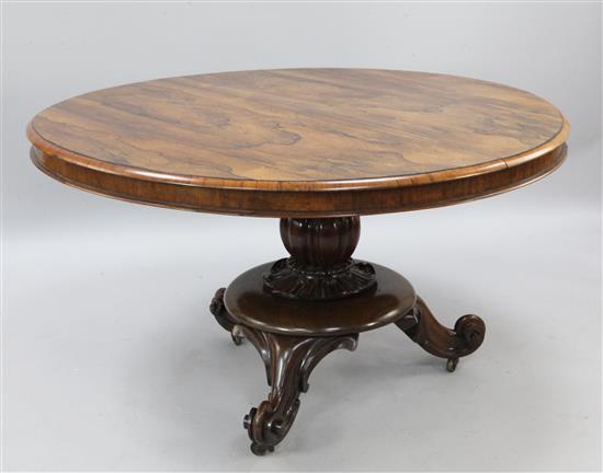A Victorian rosewood breakfast table, W.4ft 4in.